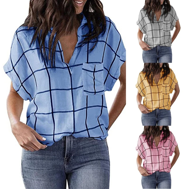 

Летняя Повседневная блузка, женские рубашки, модные повседневные блузки с коротким рукавом, клетчатые женские свободные футболки с отложны...