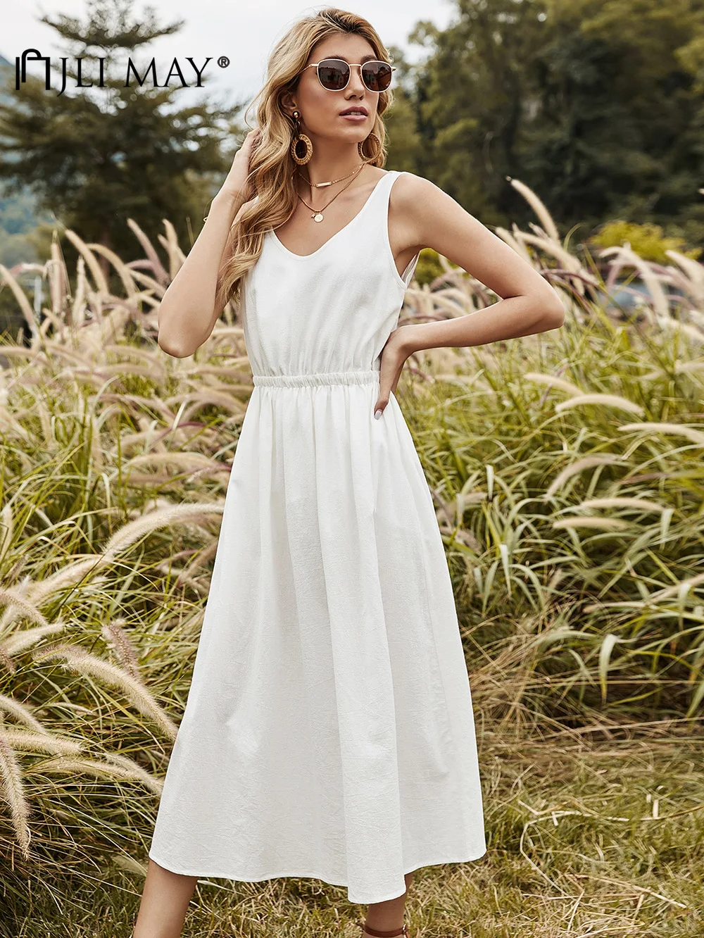 

JLI MAY Summer White Long Dresses Women O-Neck A-Line Mid-Calf Solid Casual Sleeveless Korean Fashion Clothing