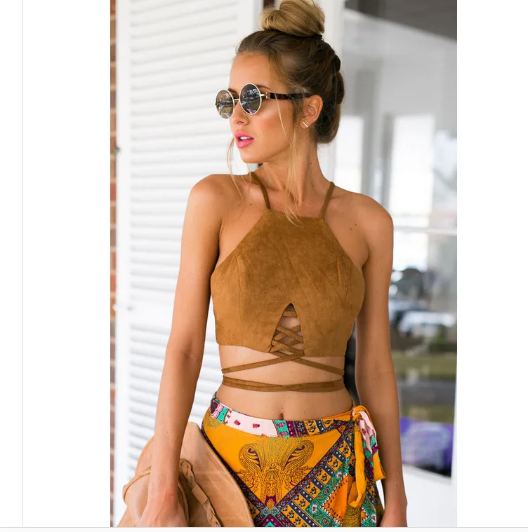 Сексуальный топ из замши на шнуровке для девочек 2019|Футболки| |