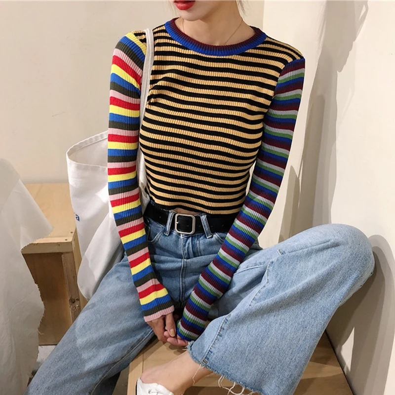 

Women Fashion Sexy Short Slim Fit Contrast Color Sweaters Stripes Exposure Navel Color matching Long Sleeve Knit Top Sweaters Wt