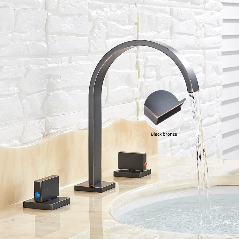 Black Bronze Золотой кран для ванной комнаты, кран для умывальника, кран для раковины с двойной ручкой, кран для раковины на бортике, смеситель для горячей и холодной воды - Цвет: Black Bronze