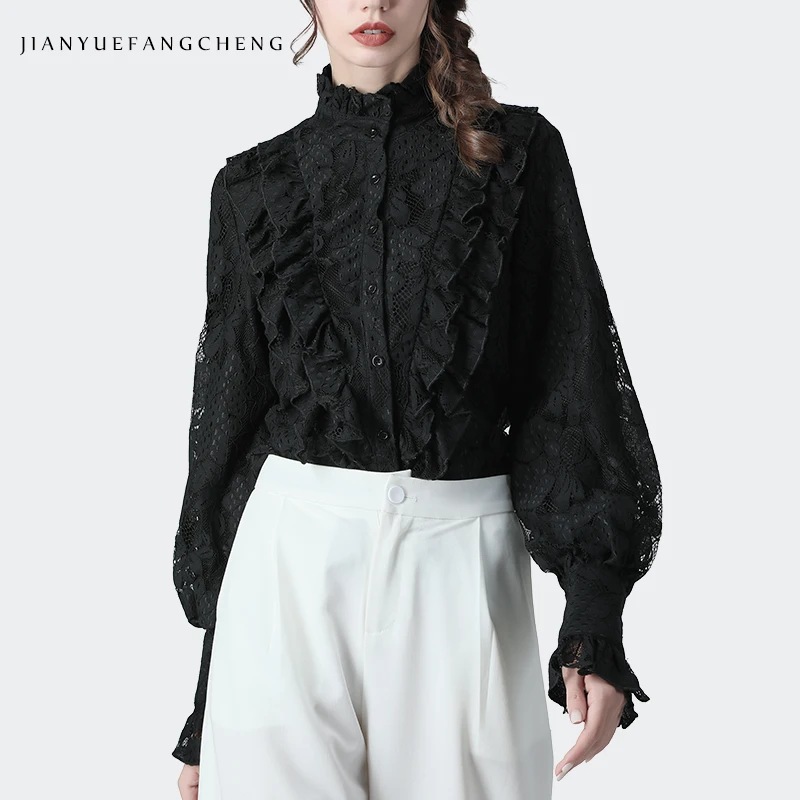 Модная женская кружевная рубашка с оборками и цветочной вышивкой однотонный топ