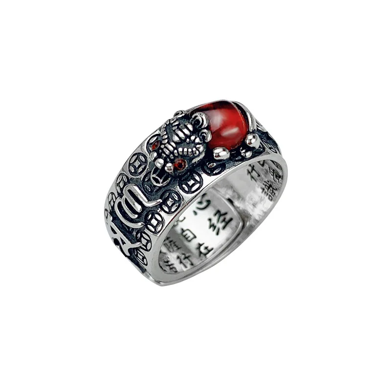 

Vintage Chinese Mythical Animal Brave Troops Red Crystal Ring Men Gem Wedding Ring Buddhist Sutras Punk Ring Jewelry Accessories