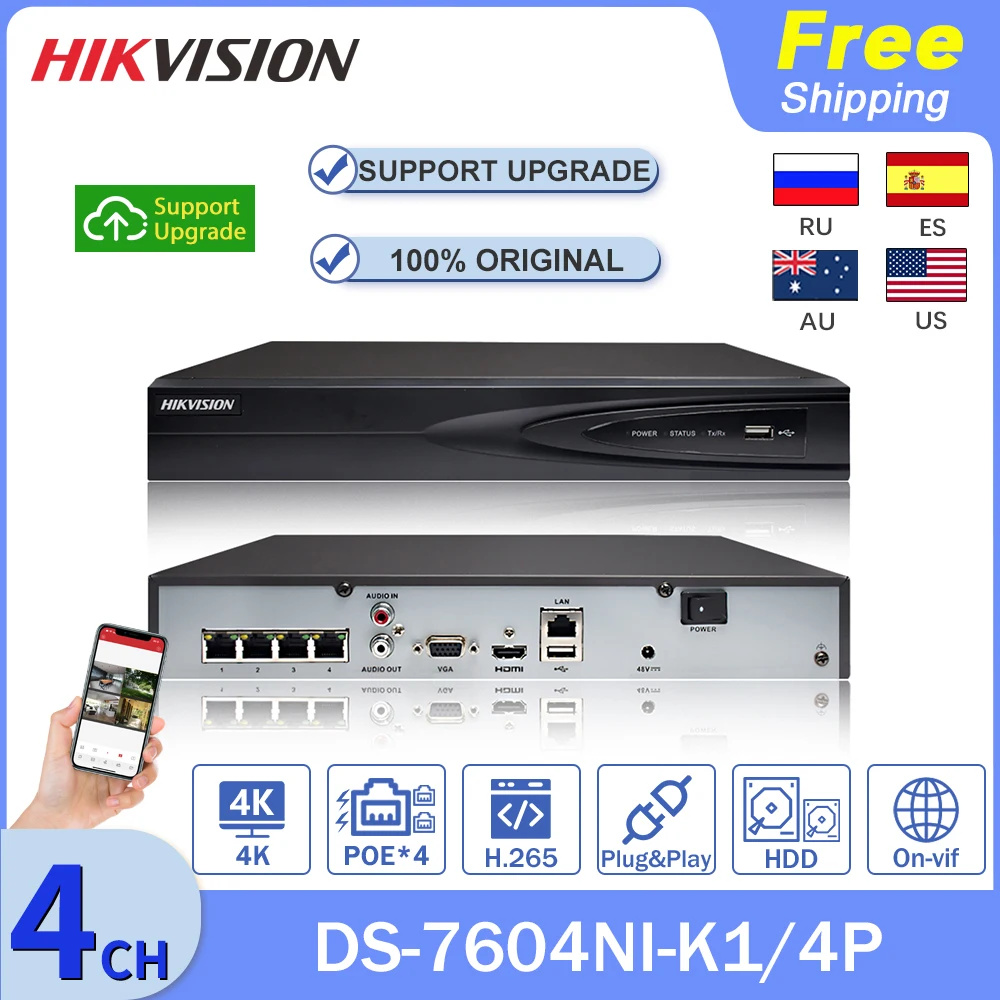 Оригинальный Сетевой видеорегистратор Hikvision NVR 4CH 4K 8 Мп DS 7604NI K1/4P 4PoE 1SATA H.265 сетевой