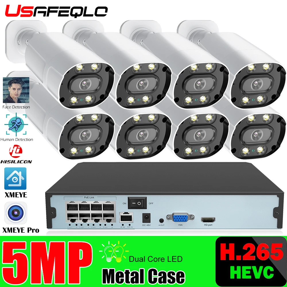 USAFEQLO 8CH 5MP HD POE NVR комплект CCTV система безопасности двухсторонняя аудио AI IP камера