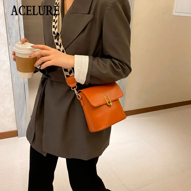

ACELUREn Solid Color PU Leather Bucket Casual Tote Bags Ladies Shopping Purse Simple Style Wide Strap Shoulder Bags for Wome