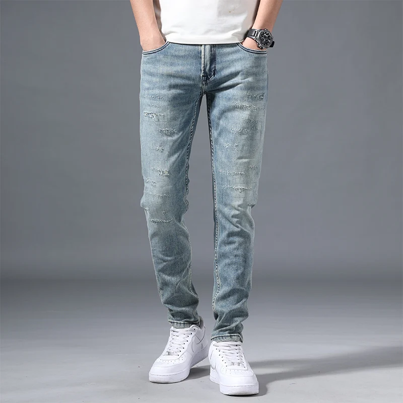 

2021 Four Seasons Light Blue Tide Brand Korean Fashion Version Denim Trouser's with Hole Retro Jeans Men's Stretch Casual Pants