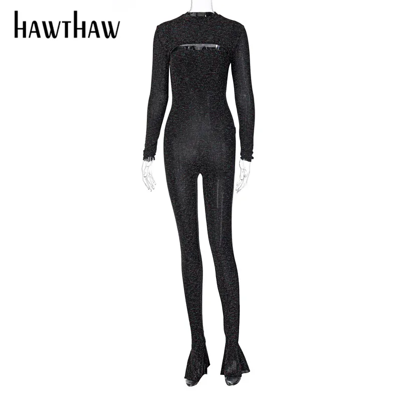 

Hawthaw Women Autumn Winter Long Sleeve Black Bodycon Female Hollow Out Jumpsuit Romper Playsuit 2020 Fall Clothes Streetwear