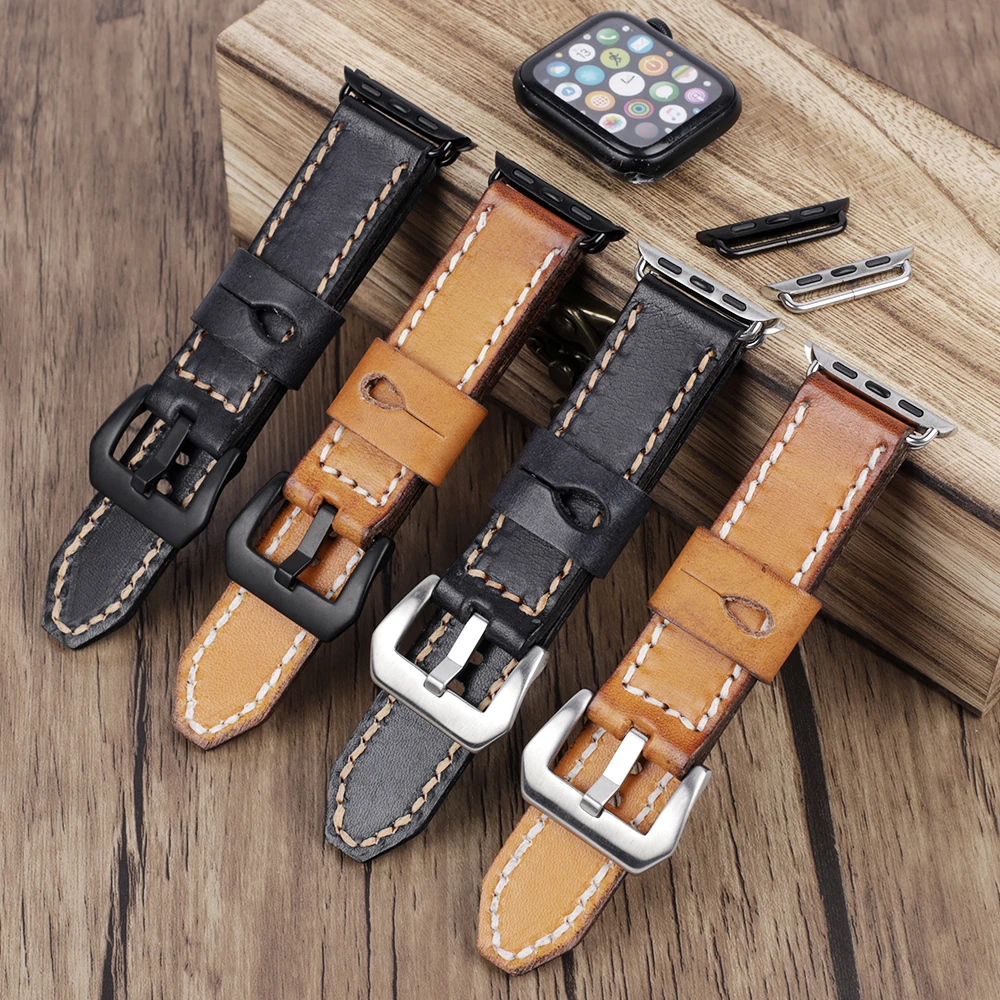 Vintage Cow Leather Band for Apple Watch 44mm 40mm 42mm 38mm Series 7 6 SE 5 4 3 for iWatch Apple Watch Strap Bracelet