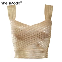shesmoda luxury golden bandage slim sleeves womens spandex 2021 new summer cropped tops vest tank party bachelorette plus size