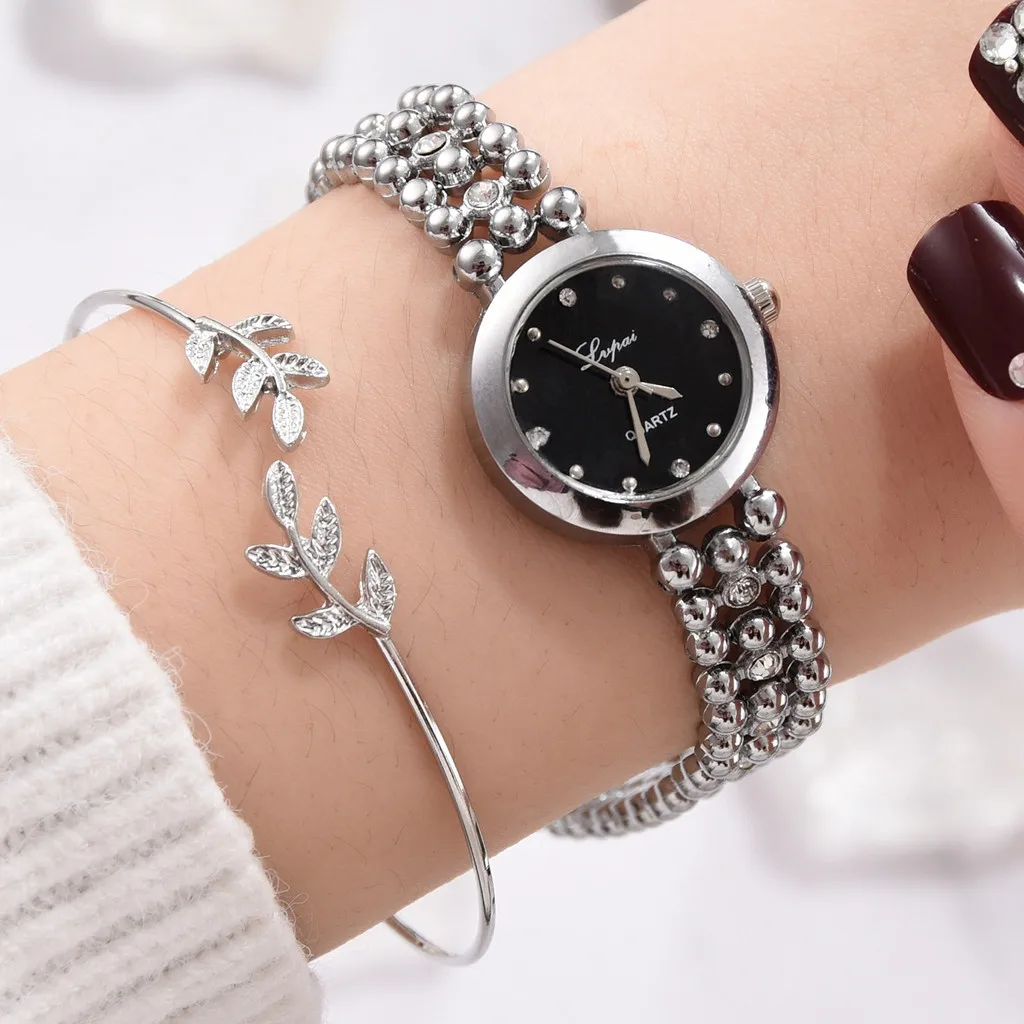 

2019 Women Watches Fashion Casual Bracelet 2pcs/Set Luxury Fashion Diamond Beaded Chain Watch Temperament Leaves Bracelet #40