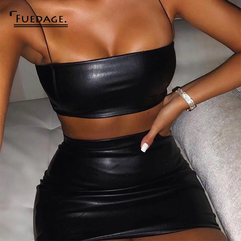 Fuedage лето 2019 сексуальное платье из искусственной кожи женские черные облегающие