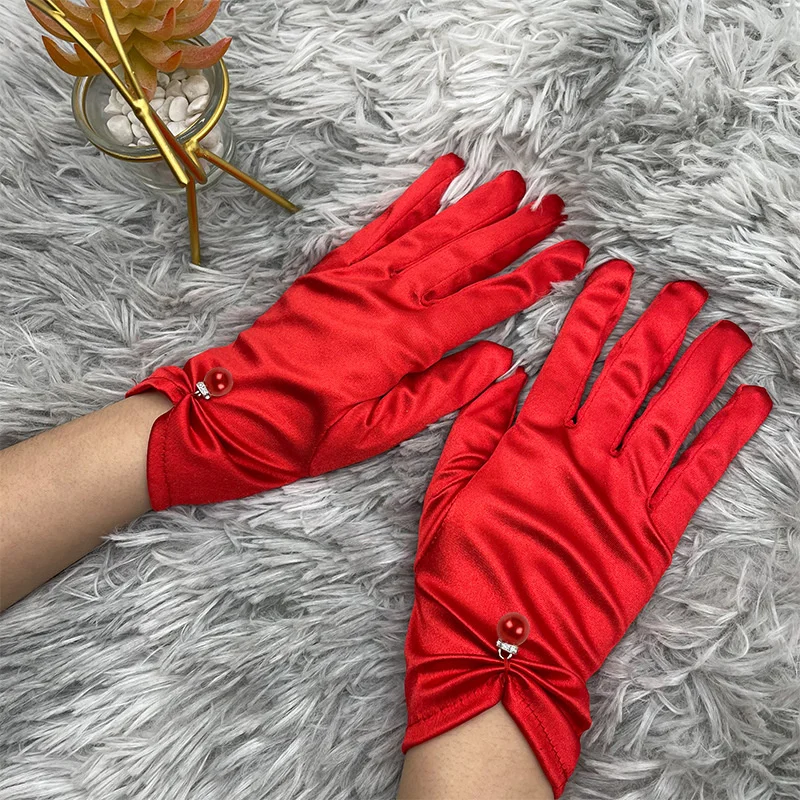 

Women Satin Short Sexy Gloves Sunscreen Summer Anti-UV Elastic Thin Mittens Driving Full Finger Red White Black Dress gloves