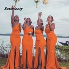 Новейшие оранжевые длинные платья подружки невесты русалка 2022 на одно плечо с разрезом Африканское женское платье для свадебной вечеринки платья