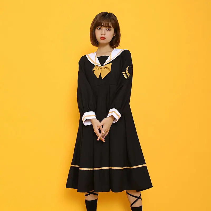 

2022 New Spring Autumn Women Navy Sailor Collar JK Uniform Japanese Loose College Style Long-sleeved Midi Dresses Female Y189