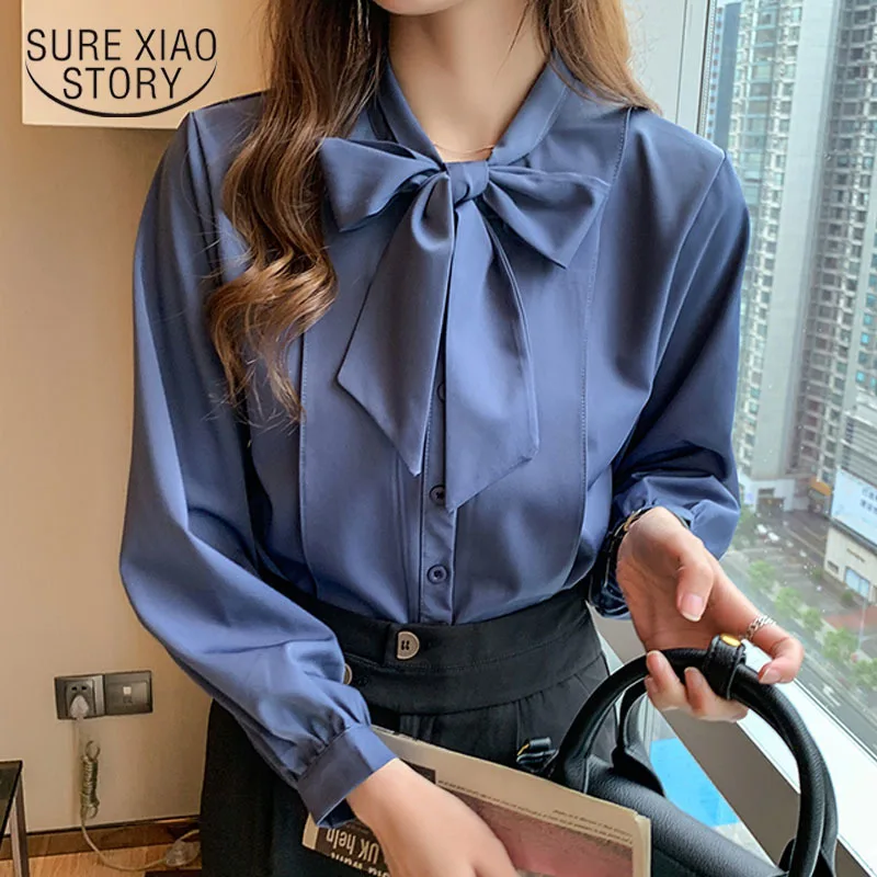 

Blusa Bow V-Collar Lady's Shirt Autumn 2020 New Style Top Blue Lantern Long Sleeve Single-breasted Chiffon Blouse OL Style 10693