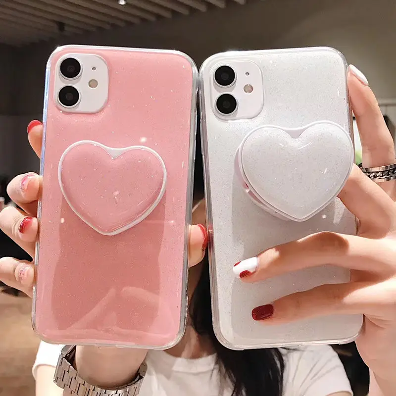 

Candy Color Stand Holder Phone Case For iPhone 12 11 13 Pro Max XR XS Max X 6S 7 8 Plus 12 13 Pro Glitter Love Heart Back Cover