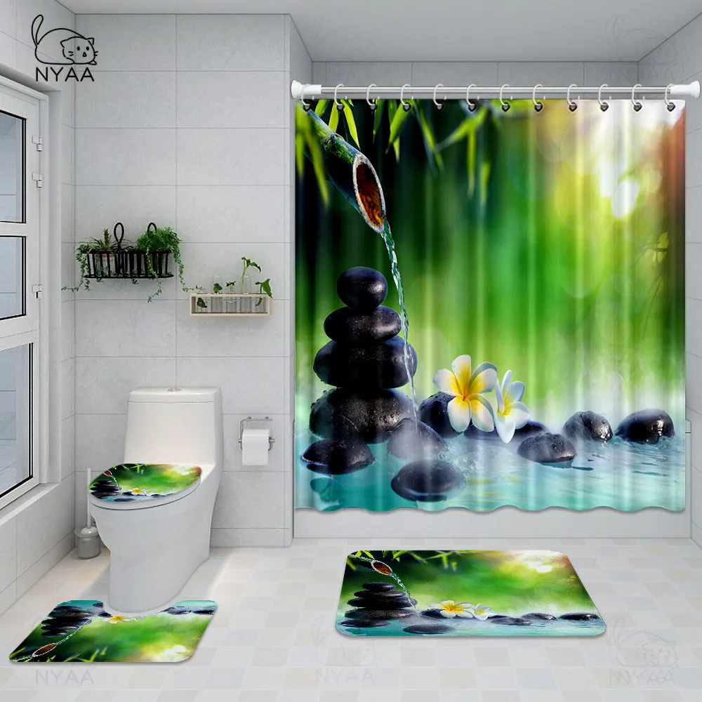 4Pcs/set Bamboo Landscape Bathroom Shower Curtains Durable Waterproof Bath Curtain Set Toilet Cover Mat Non-Slip Rug | Дом и сад