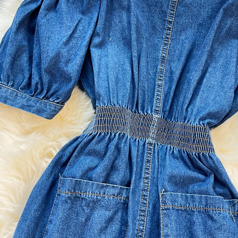 

2021 summer casual spaghetti strap off shoulder denim dress women single breasted puff sleeve a-line dress