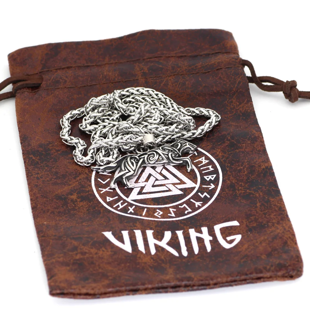 Мужское ожерелье Viking из нержавеющей стали Geri и Freki Knot Wolf с подарочной сумкой Valknut |