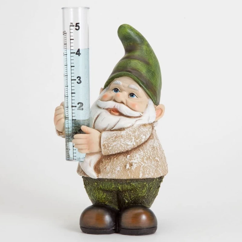 

808B Resin Gnome Rain Gauge Cute Dwarf Elf Statue Sculpture Outdoor Garden Ornaments Decorations