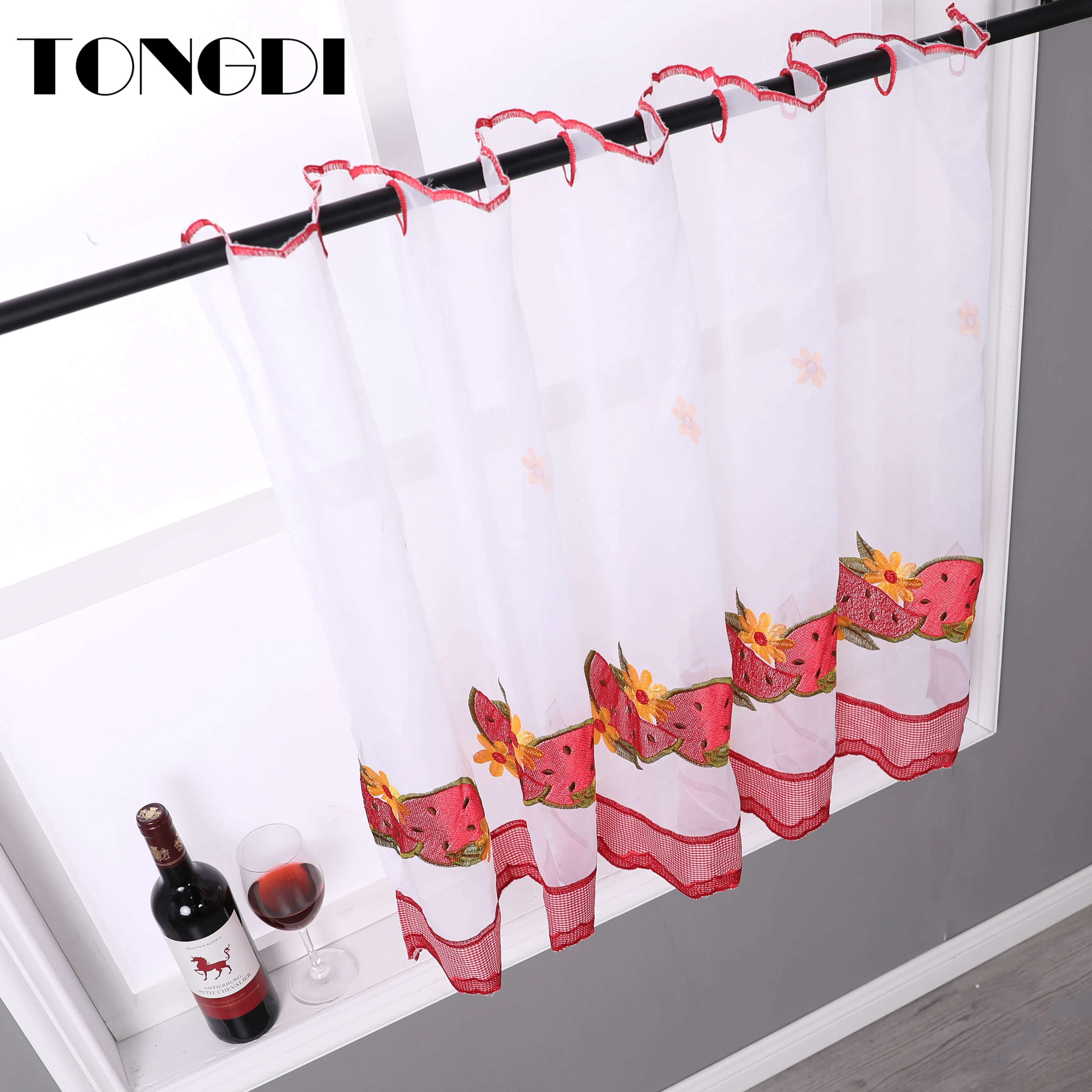 TONGDI Kitchen Curtain Beautiful Embroidery Valance Sheer Tiers Pastorall Fruit Cafe Tulle For Window Of Dining Room | Дом и сад
