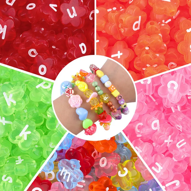 

DIY Beads 50Pcs/Lot Acrylic Colorful Transparent Flower Shape Flat Alphabet Loose Bead For Kids Pendant Jewelry Making Accessory