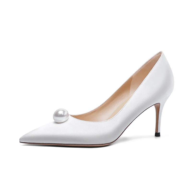 

Wedding shoes new bride shoes Pearl White Satin high heeled shoes thin heel Bridesmaid shoes wedding shoes
