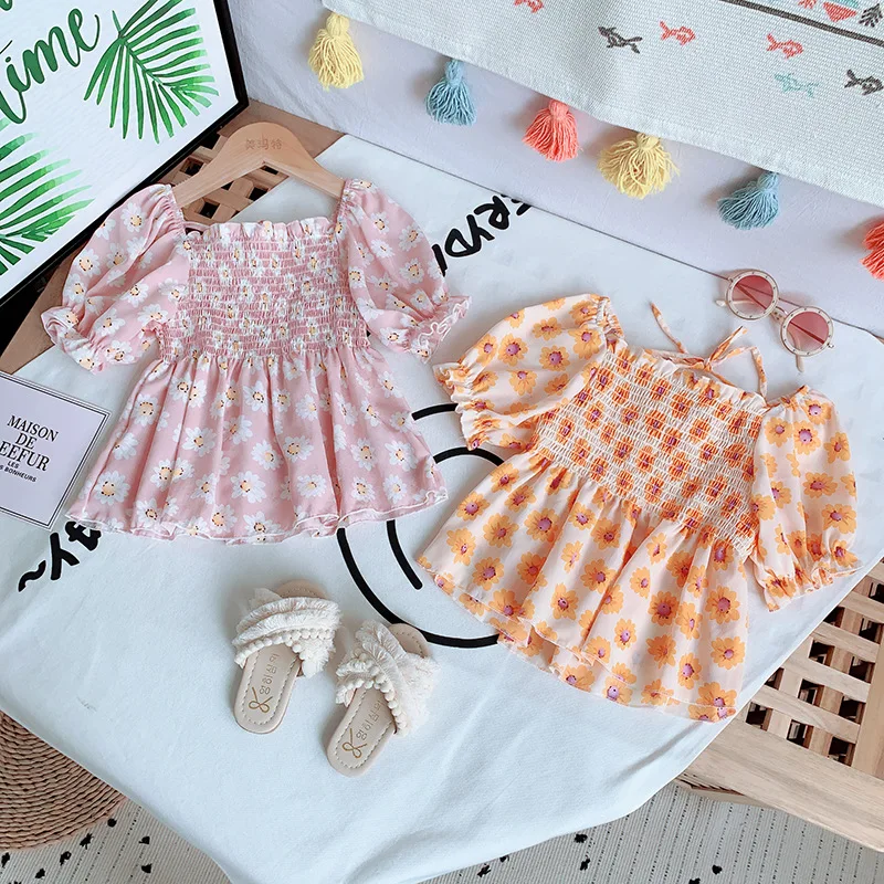 Детские летние топы с коротким рукавом и цветочным рисунком для маленьких