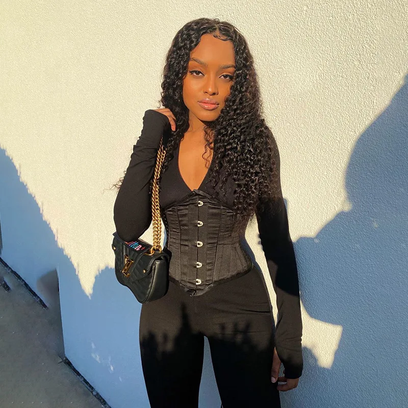 2020 Fall Women Long Sleeve Bodycon Bodysuit Jumpsuit With Underbust Waister Trainer Corset