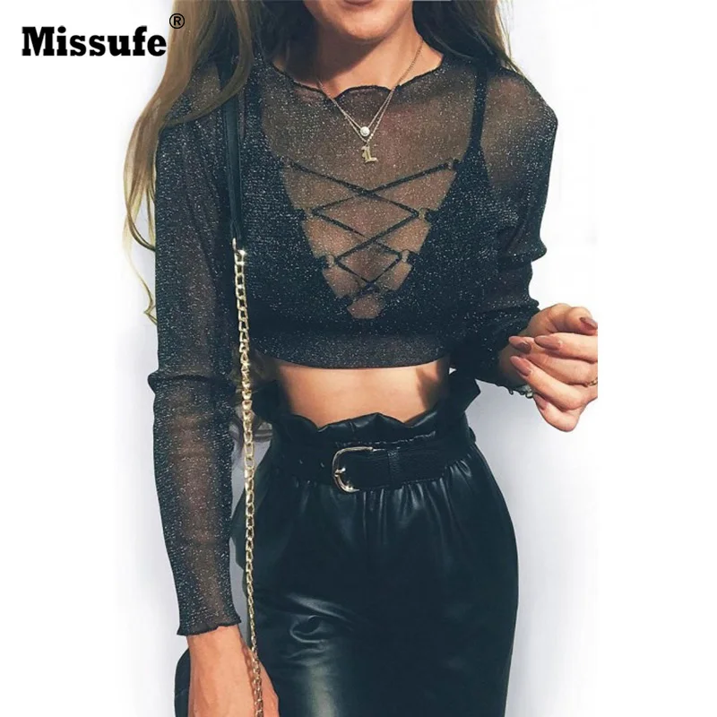Missfue Mesh Shine пуловер укороченный топ кружевной воротник сексуальные вечерние