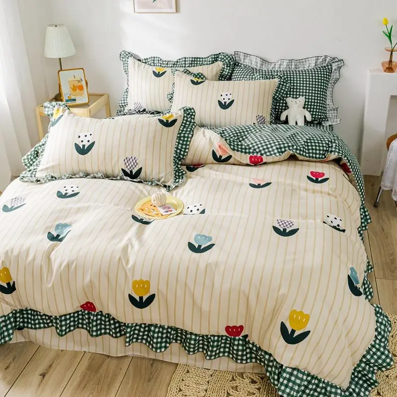 Korean version of the princess four-piece bedding thick pure sanding three-piece skin-friendly cotton bed linen quilt