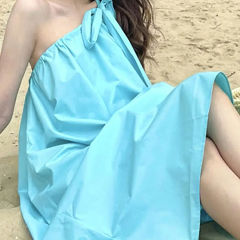 

XITAO Drawstring Casual Dress Women Tide Fashion New Style Asymmetrical Collar Sleeveless Solid Color Elegant Loose Slim ZY5658
