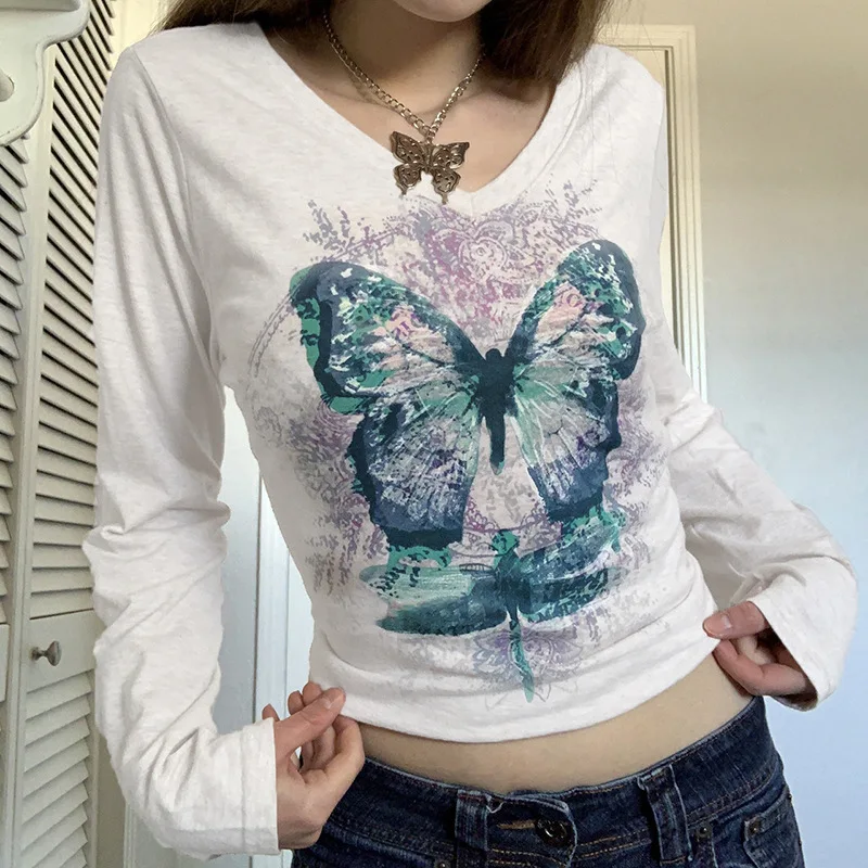 

Tie Dye Butterfly Print Kawaii Graphic T Shirts Women Autumn 2021 V Neck Long Sleeve Sweat Shirts Casual Korean Tees
