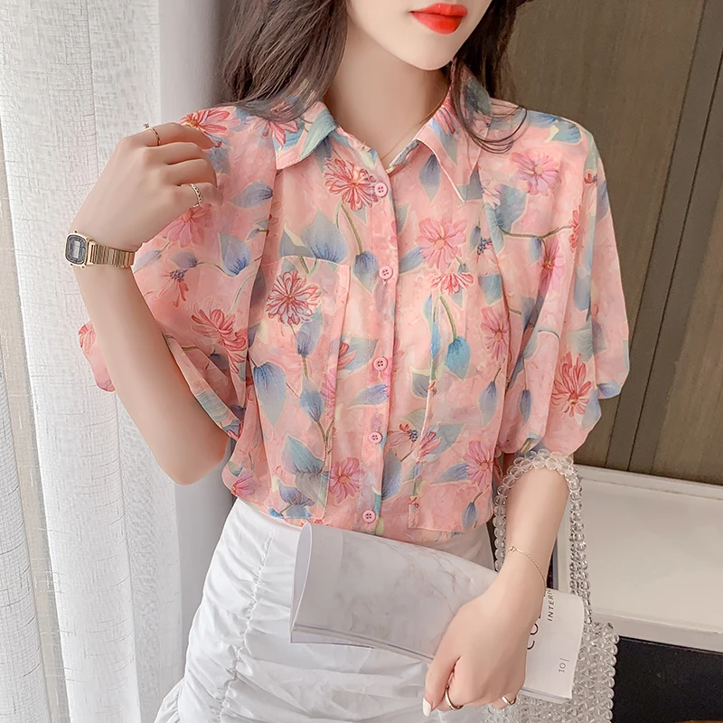 

Pink Flowers Sweet Print Blouse Lapel Puff Sleeve Short-sleeved Shirt Single-breasted Chiffon Button Up Shirt Camisa De Mujer