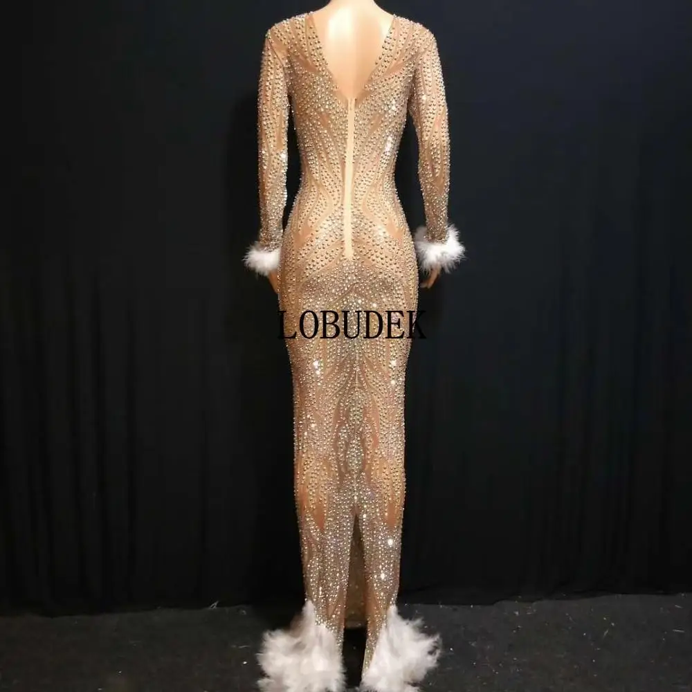 

Silver Rhinestones Feather See Through Nude Dress Women Wedding Prom Full Stones Mesh Long Dress Singer Models Catwalk Dresses
