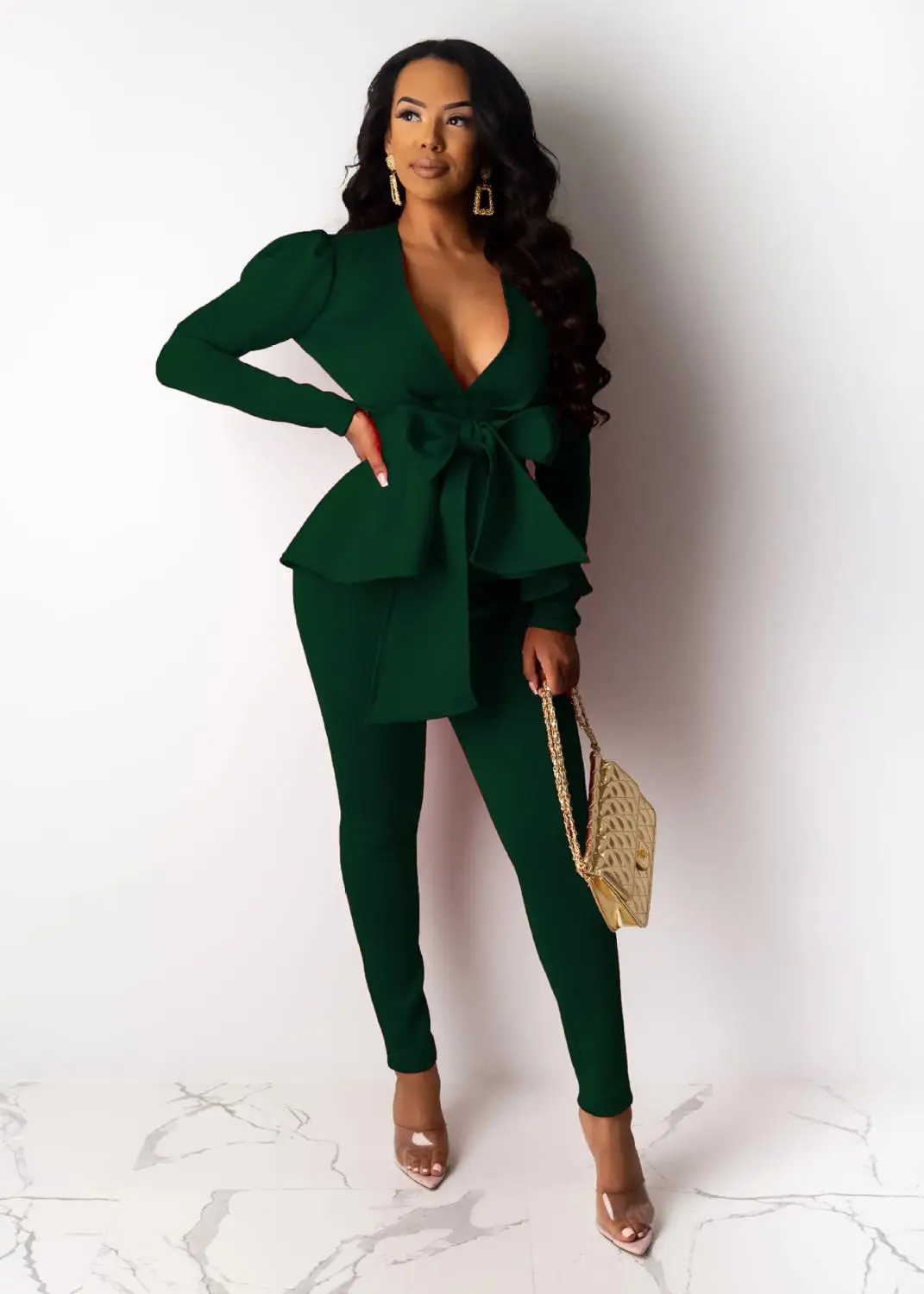 

Office Lady 2 piece Set Women Winter Fashion V-neck Long-sleeved Bow Ruffled top Trousers Two Piece Set