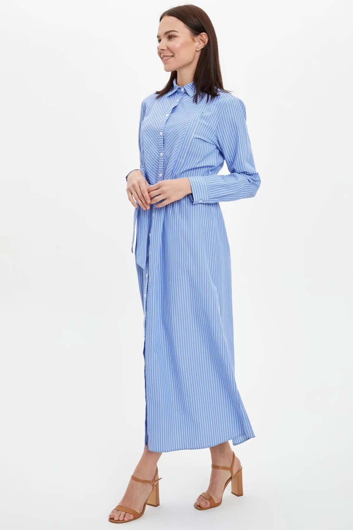 

Modest Striped Dress Poplin Woven Belted Button Detayl Fashion Muslim Women Hijab Dress