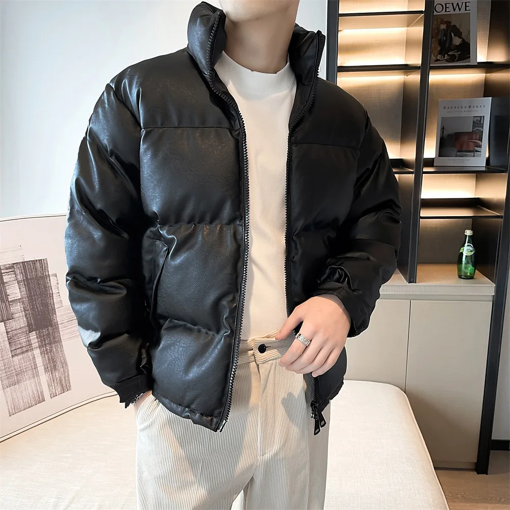 

Мужская Зимняя Толстая теплая парка из искусственной кожи с воротником-стойкой, повседневная верхняя одежда, однотонная Z1