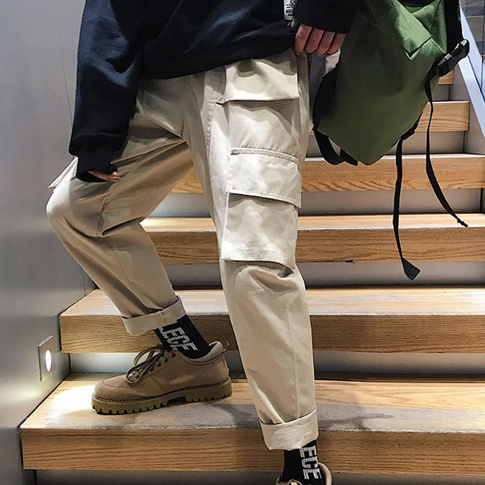 Винтажные мужские однотонные длинные спортивные брюки с несколькими карманами