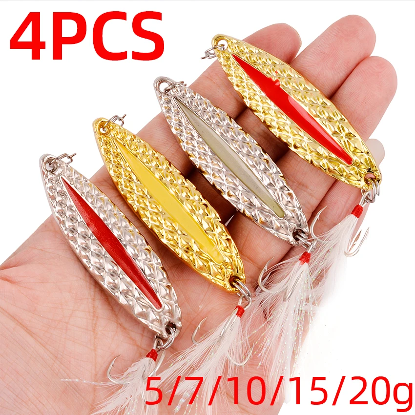 

4pcs Luminous Metal Spinner Spoon Fishing Lures 2.5-20g Night Tackle Sequins Bait Noise Paillette With Feather Treble Hook Pesca