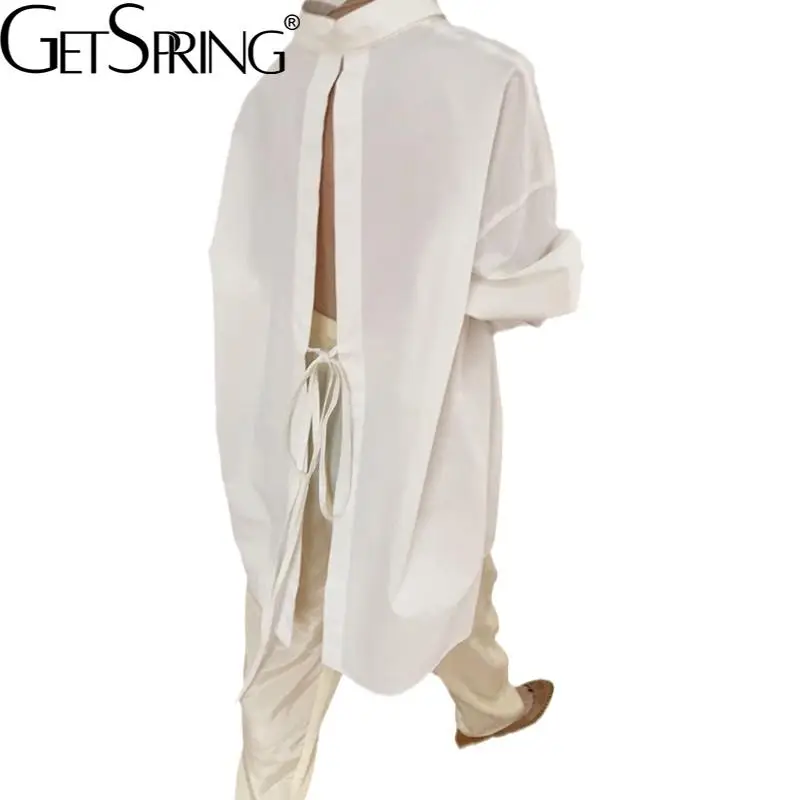 

Getspring Women Blouse Hollow Out Bandage Cotton Black White Long Female Blouses Tops Asymmetry Long Sleeve Loose Shirt 2021