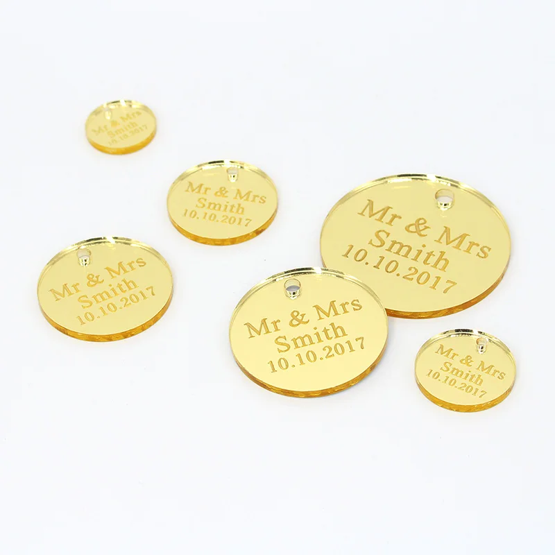 Gold With Hole 60 шт. персонализированные Выгравированные круглые бирки свадебное оформление бирок логотип на заказ этикетки крещение день рождения круговой подарок бирки Бонбоньерки - Цвет: Gold With Hole