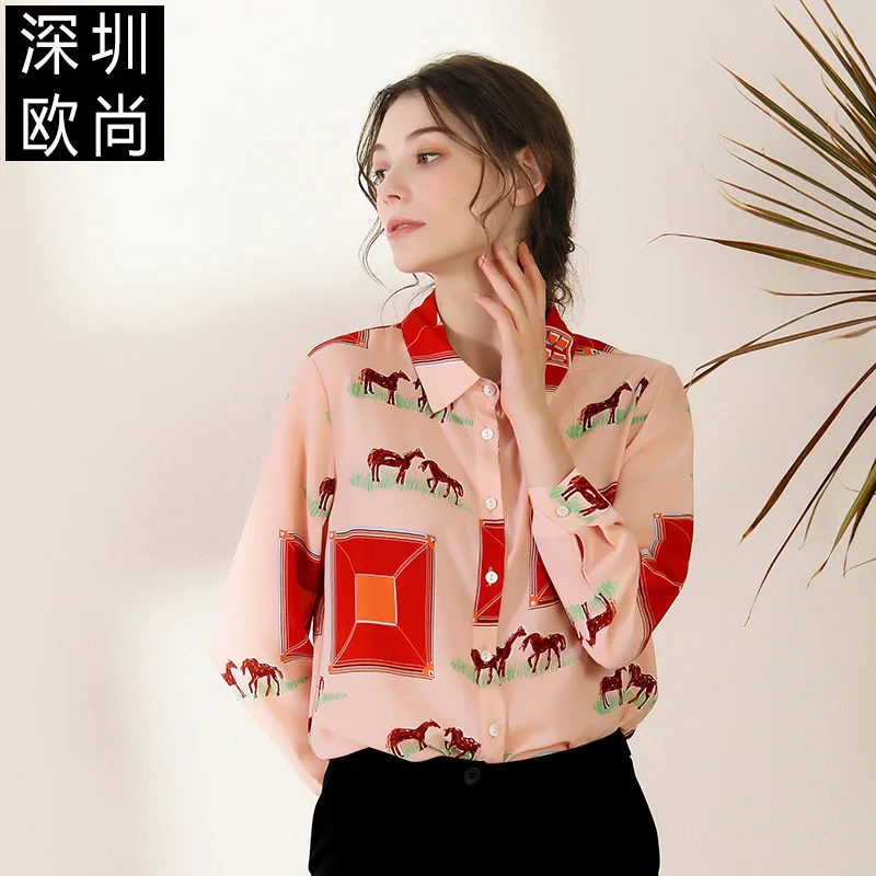 women tops and blouses beige chiffon horse floral high quality 2020 summer office shirts long sleeve casual sexy plus size loose