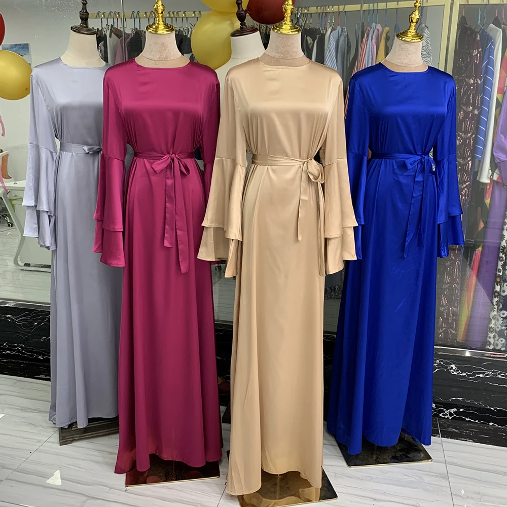 

Hijab Dresses Muslim Ramadan Eid Fashion Satinlike Dress Dubai Abaya Women Summer Long Flare Sleeve Islam Turkey Clothes Bronze