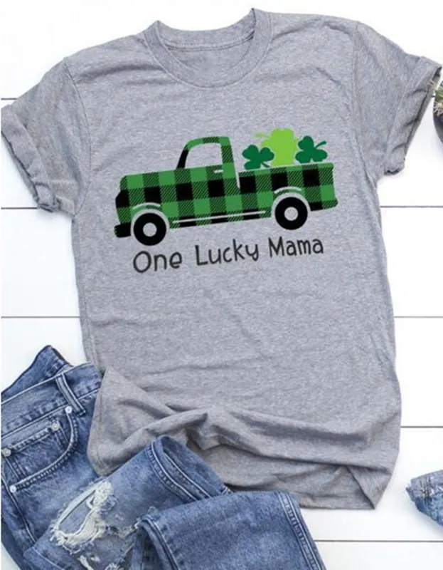 

Women St Patrick's Day One Lucky Mama Shamrock Top Aesthetic Hipster Slogan Floral Letter Tee Crew Neck Funny T-Shirt