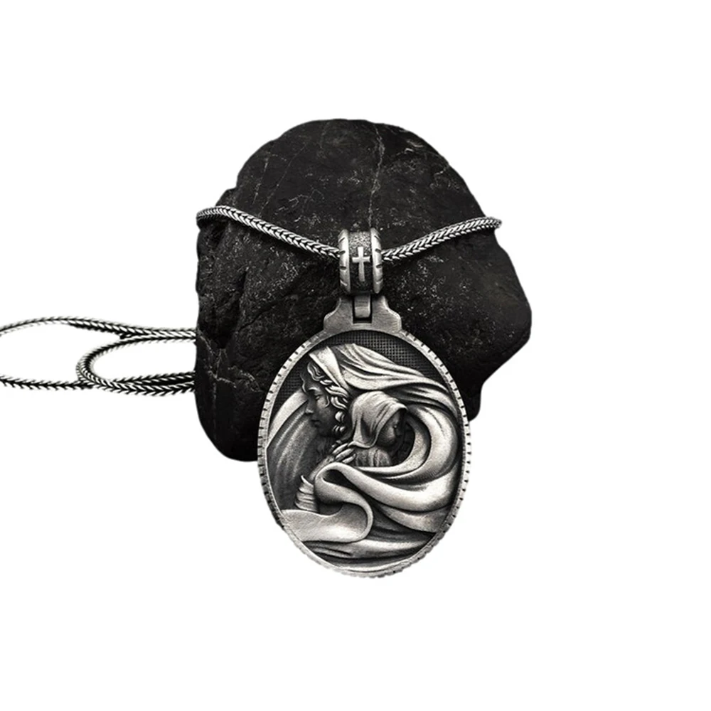 

Vintage religious necklace Virgin Mary hugs Jesus pendant Christian jewelry men's religious necklace