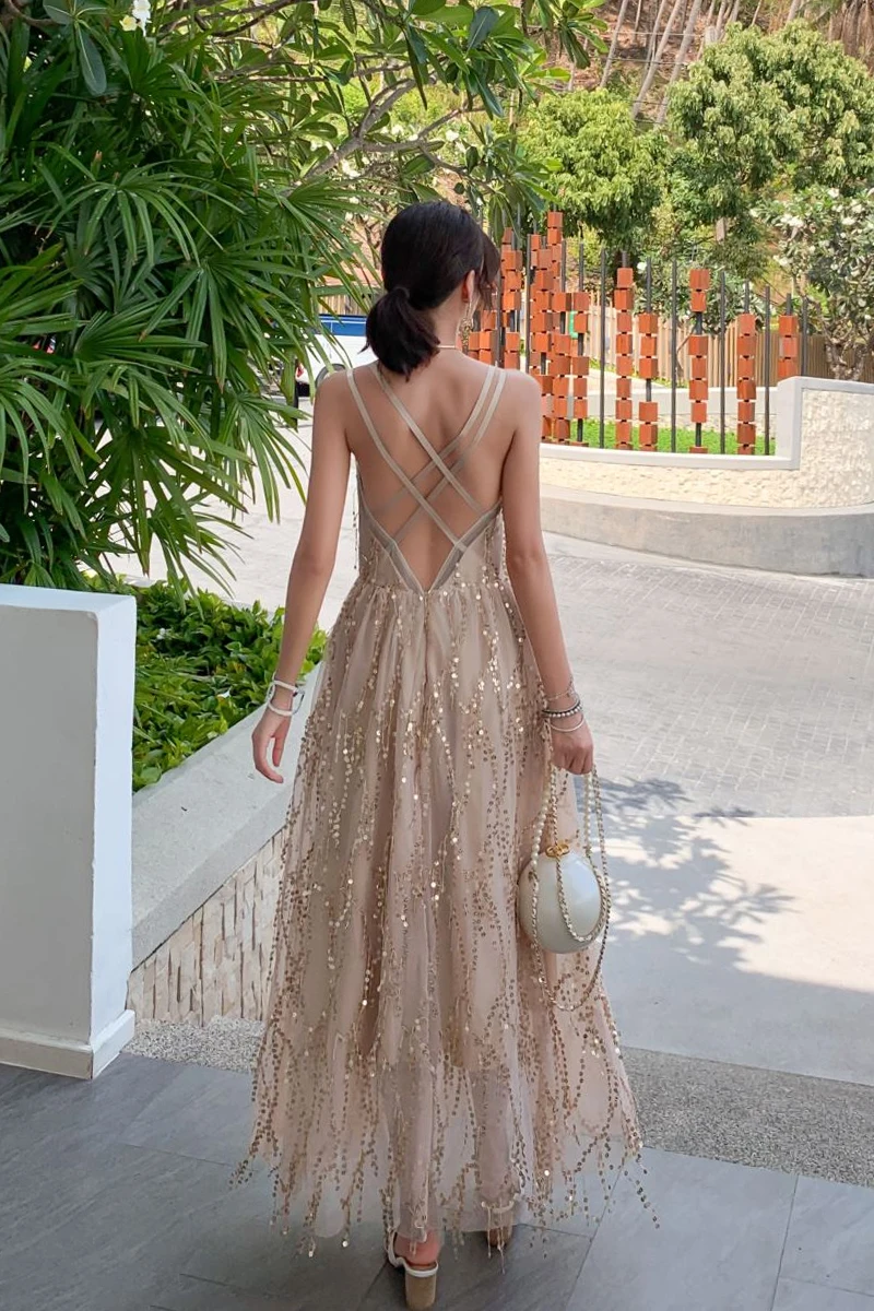 

Dresses Starry Skirt Backless Dress Sexy Dream Sequins Long Elegant Fairy Dress Large Swing Thai Beach Skirt Summer Kawaii