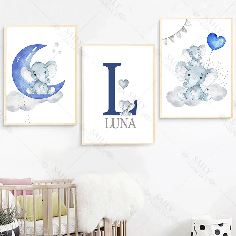 

Blue Moon Balloon Canvas Art Print Poster Elephant Nursery Wall Art Custom Name Painting Nordic Picture Boy Baby Room Decoration