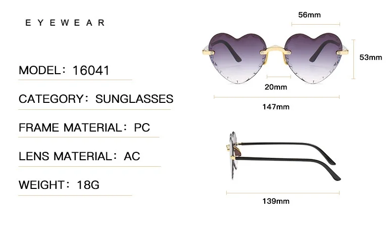 

Ladies Heart Shaped Sunglasses metal Women Brand Designer Fashion Rimless Gradient sunglasses Oculos UV400 pink shades for women